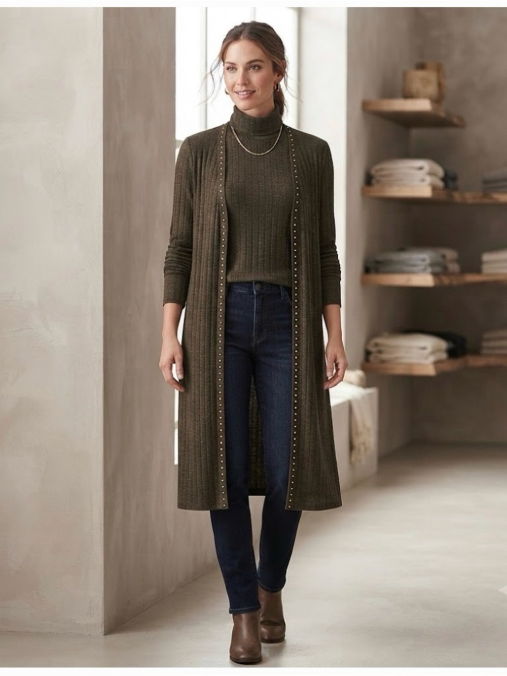Tribal Jeans Two-Piece Long Ribbed Duster Cardigan & Turtleneck Set